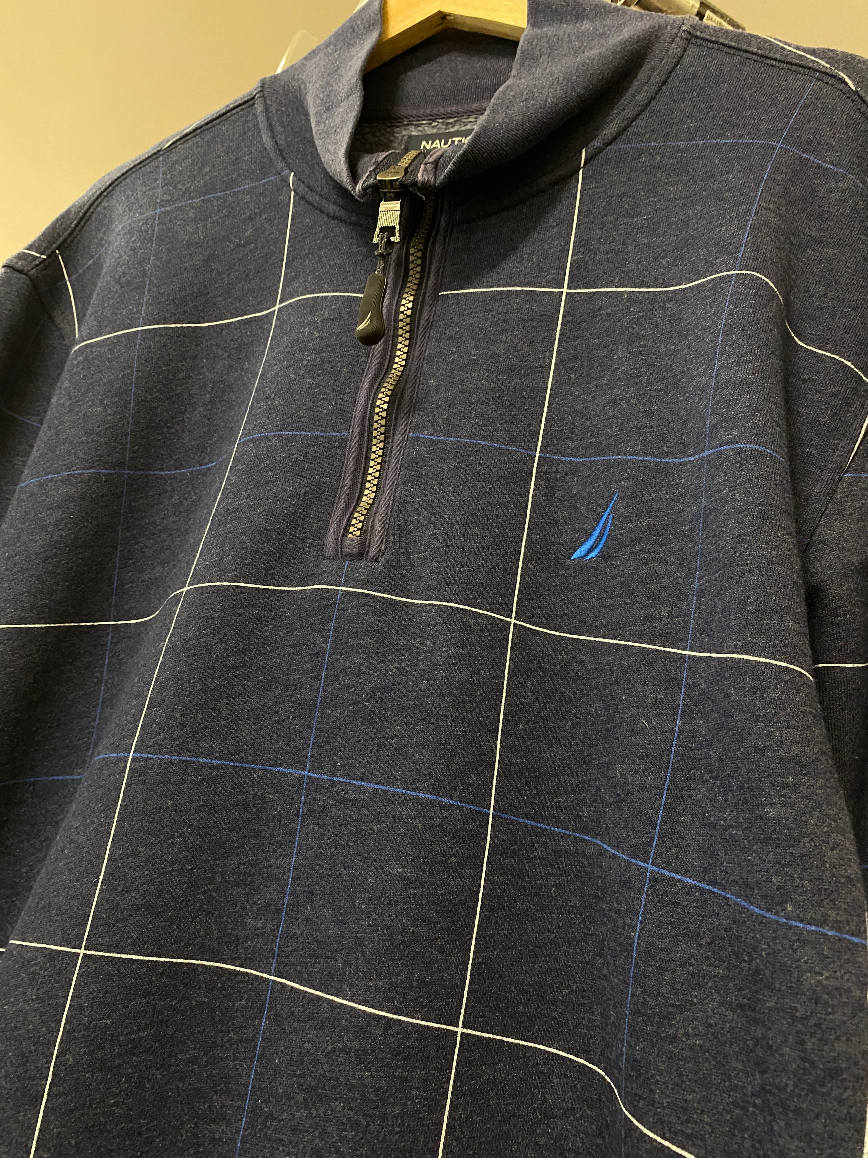 L - Nautica Light  Blue Check White Stripes 1/4 Zip