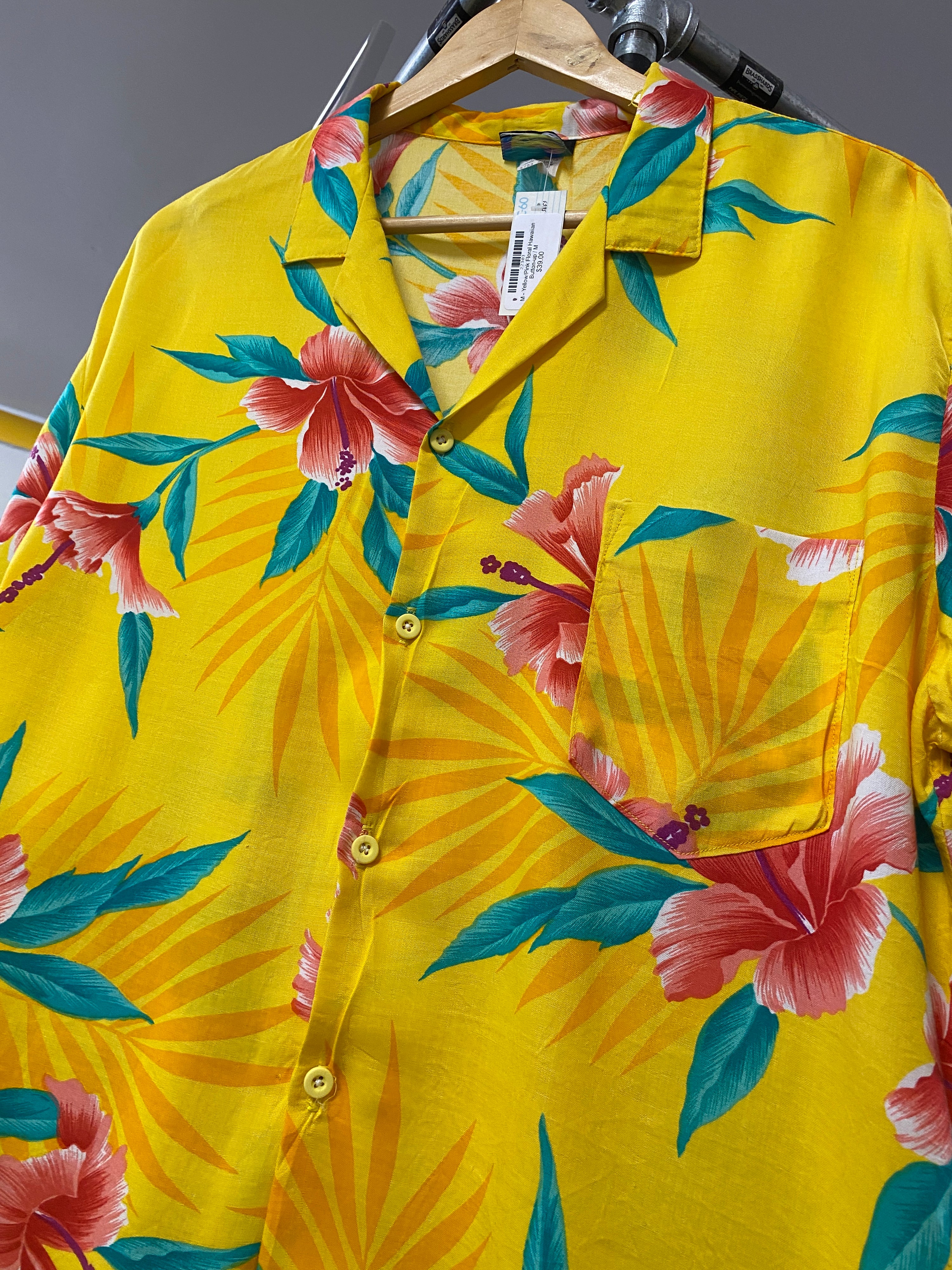 M - Yellow/Pink Floral Hawaiian Button-up