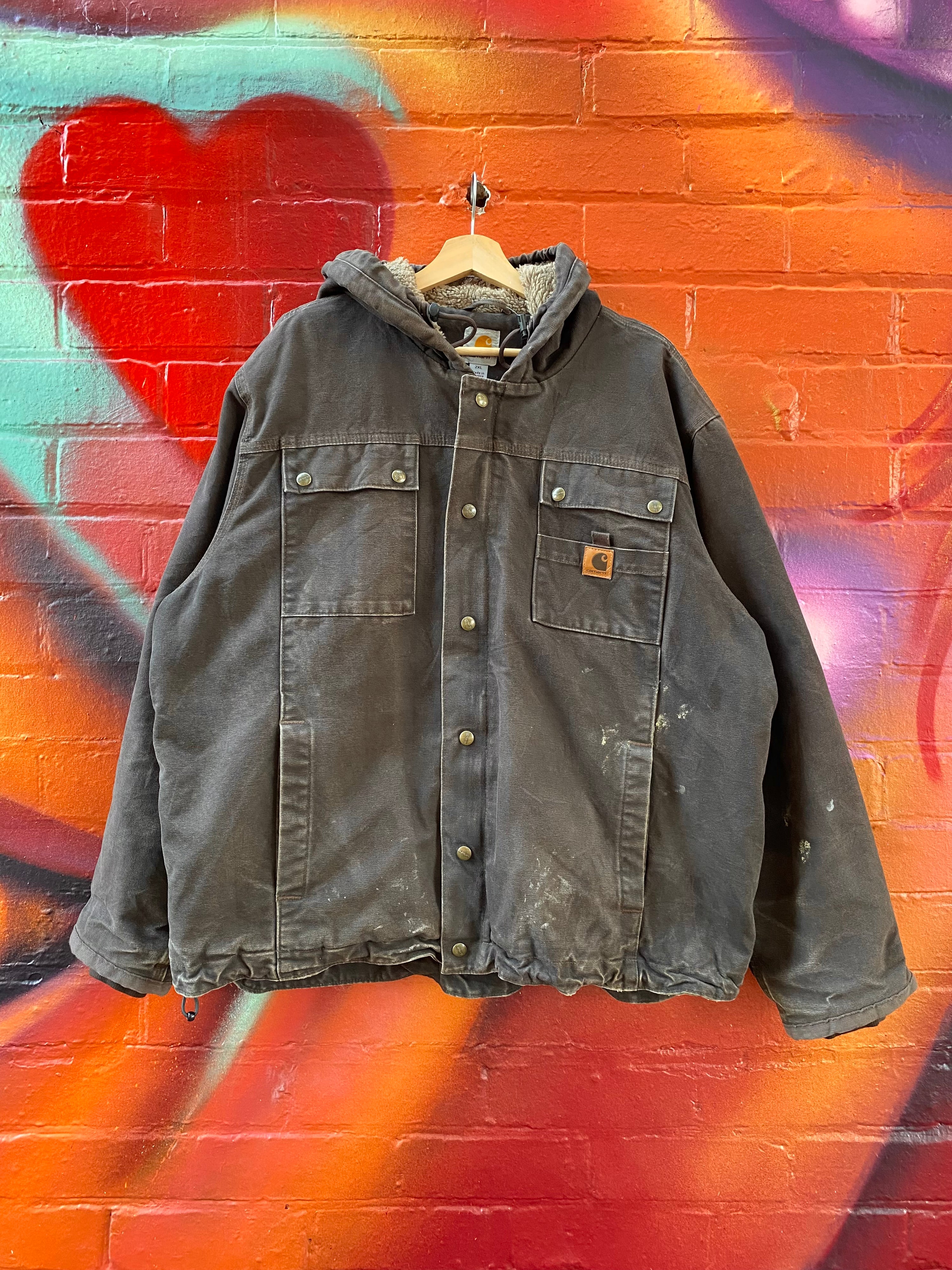 [2XL] Carhartt Brown Hooded Chore Jacket with Fleece Lining