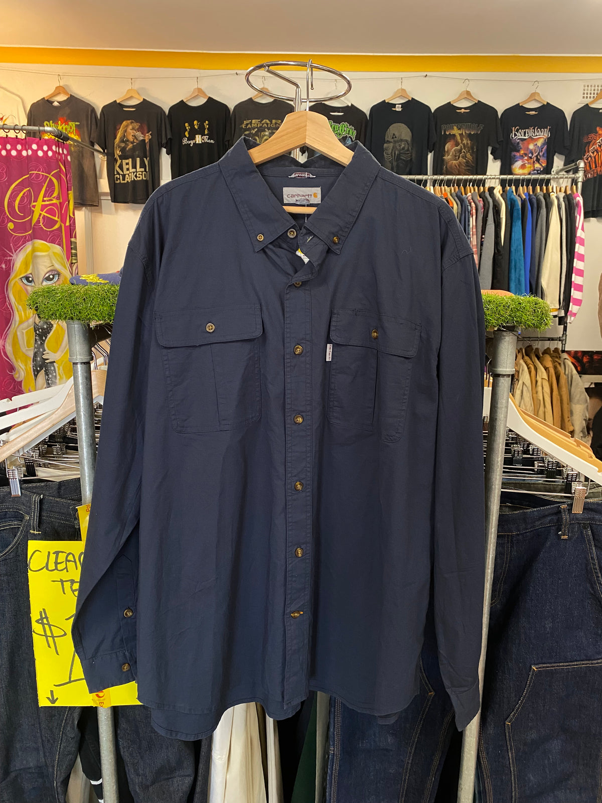 [2XL] Carhartt Navy Long Sleeve Button-Up Shirt Relaxed Fit