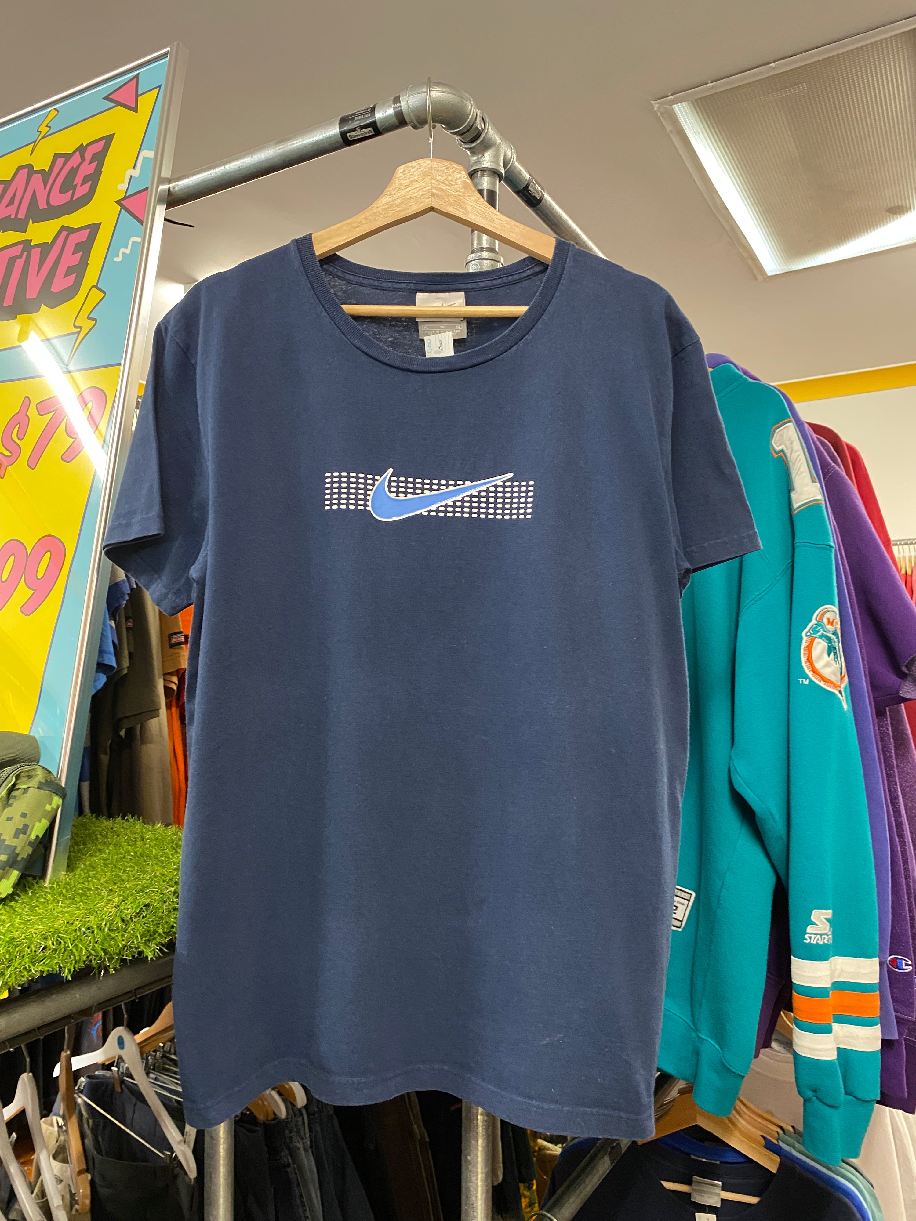 XL - 2000s Nike Large Tick Over Dots Blue Tee