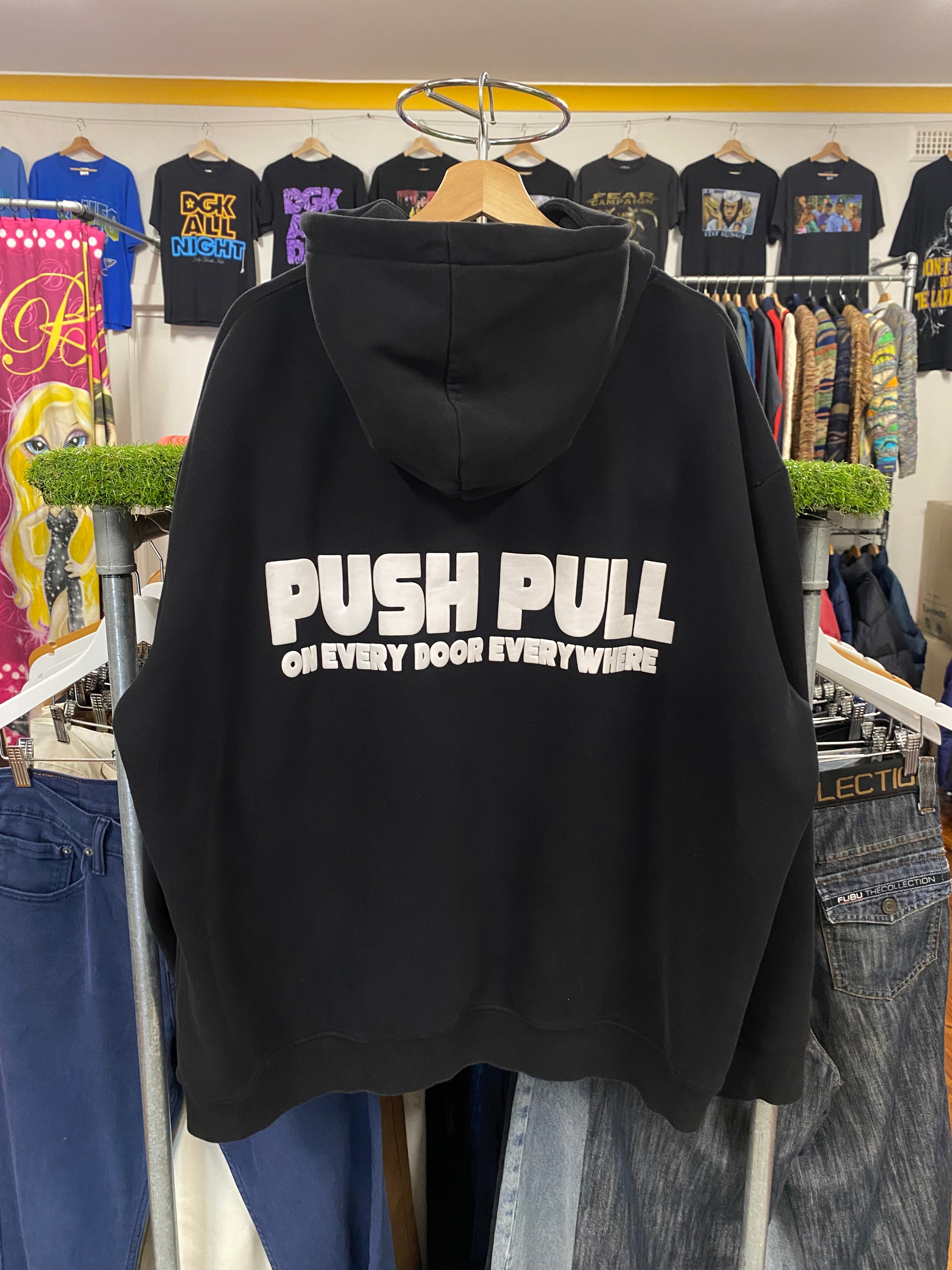 [L/XL] PUSH PULL Red Smiley Face Black Double Sided Hoodie