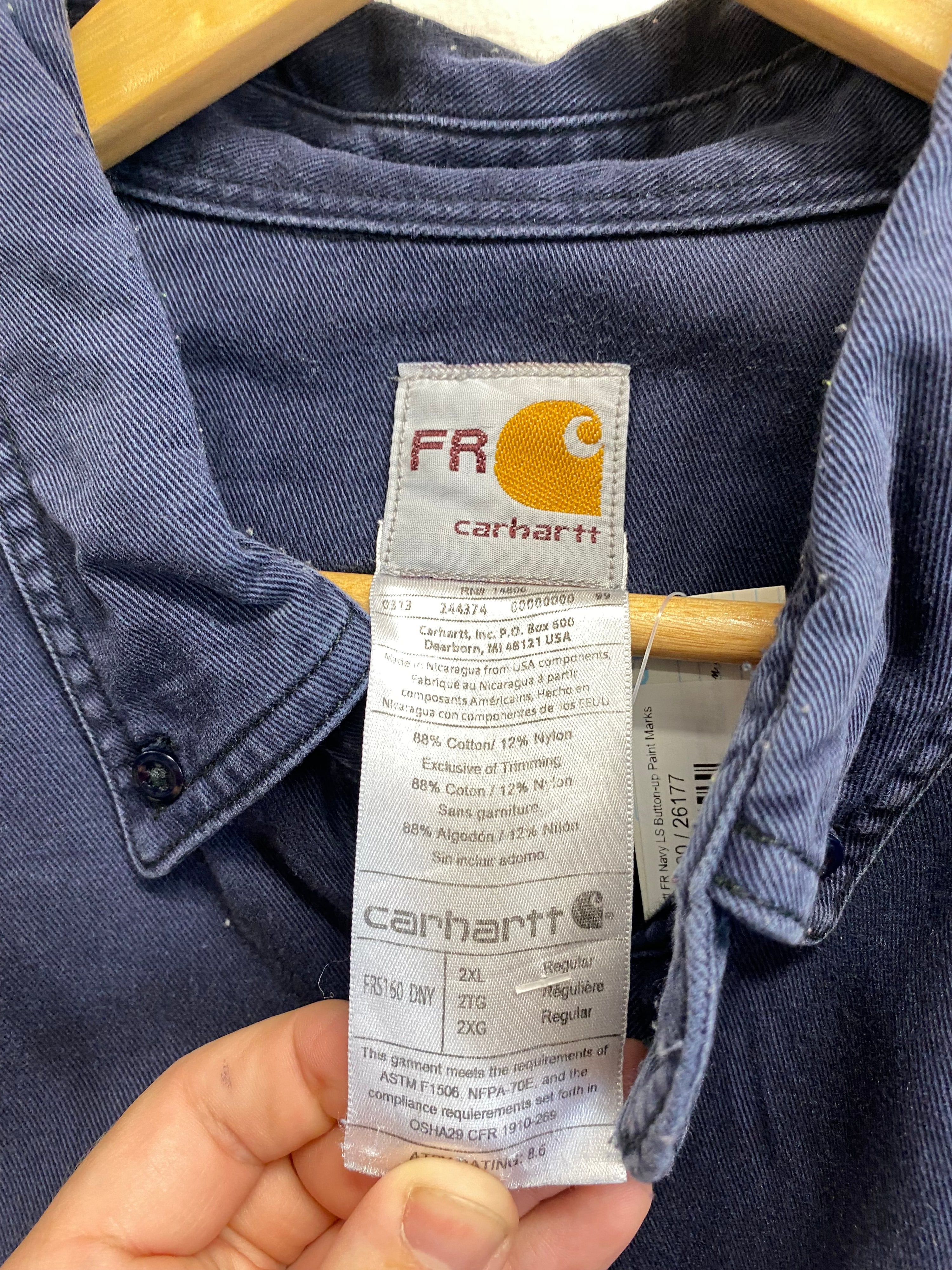 2XL - Carhartt FR Navy LS Button-up Paint Marks