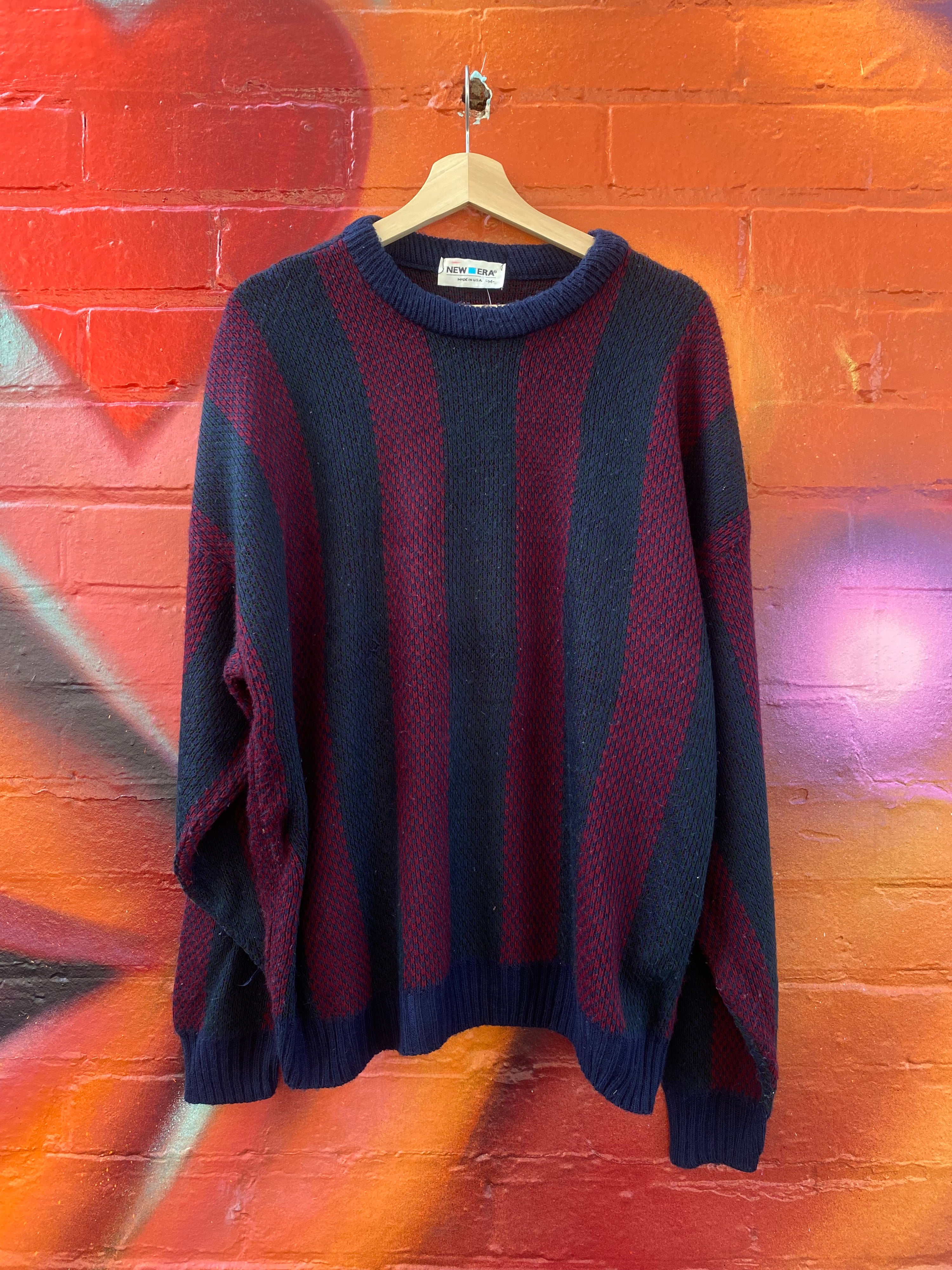 [M] New Era Red/Blue Vertical Stripes Knit Sweater