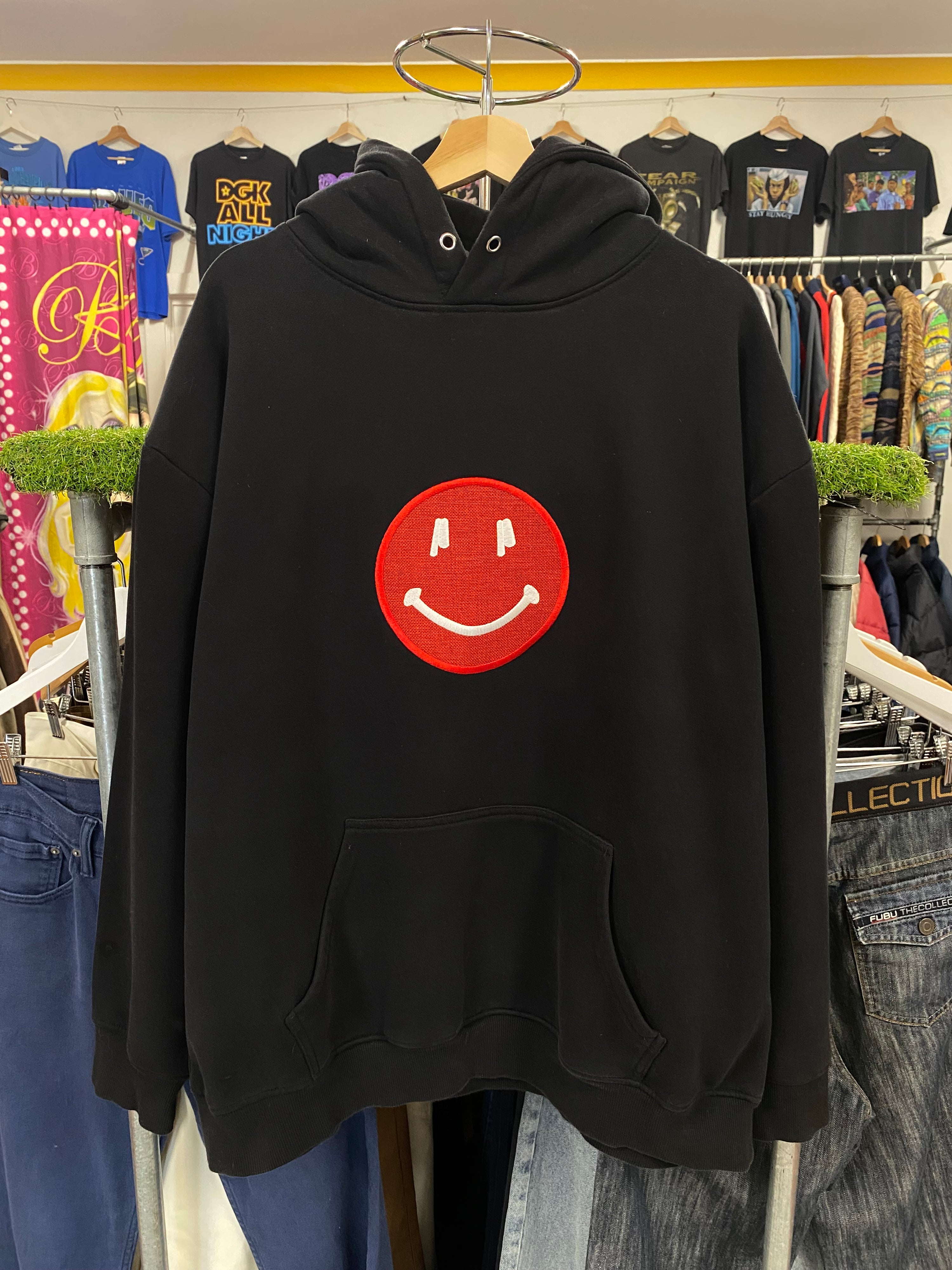 [L/XL] PUSH PULL Red Smiley Face Black Double Sided Hoodie