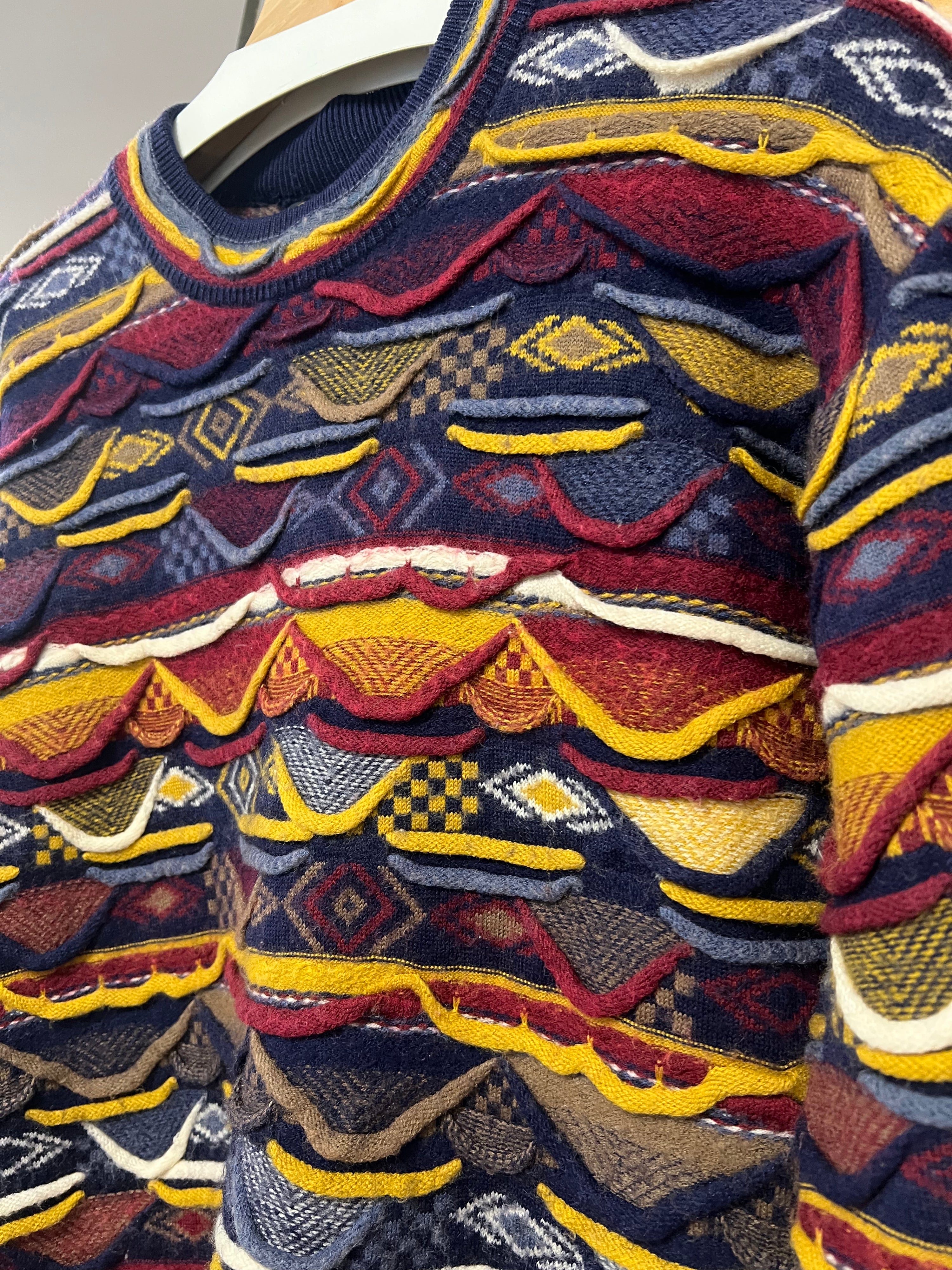 M - Vintage Coogi Red/Mustard/Navy Horizontal Wool Jumper