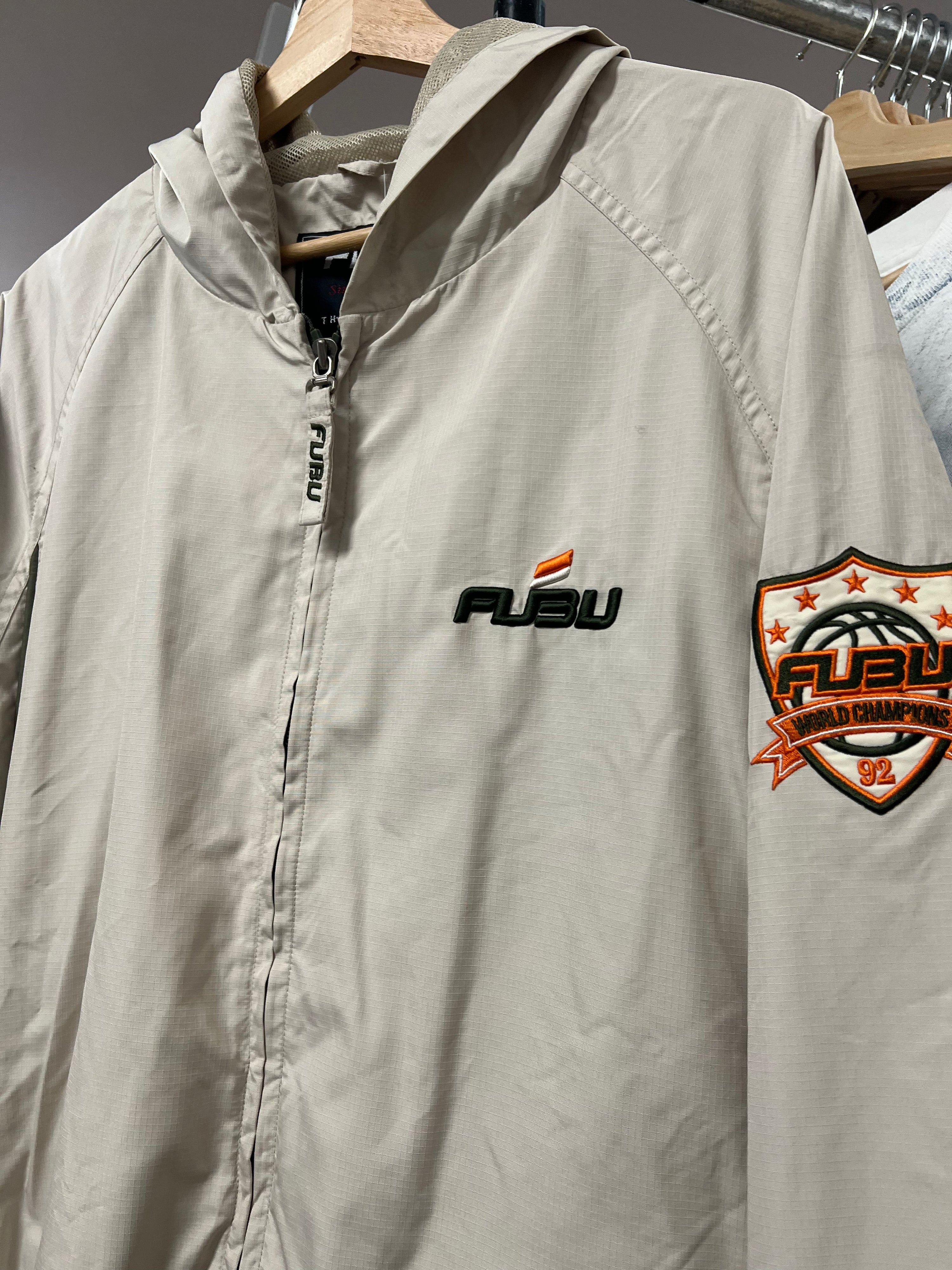 XL - 2000s FUBU Hooded Cream Zip Up Orange Spellout