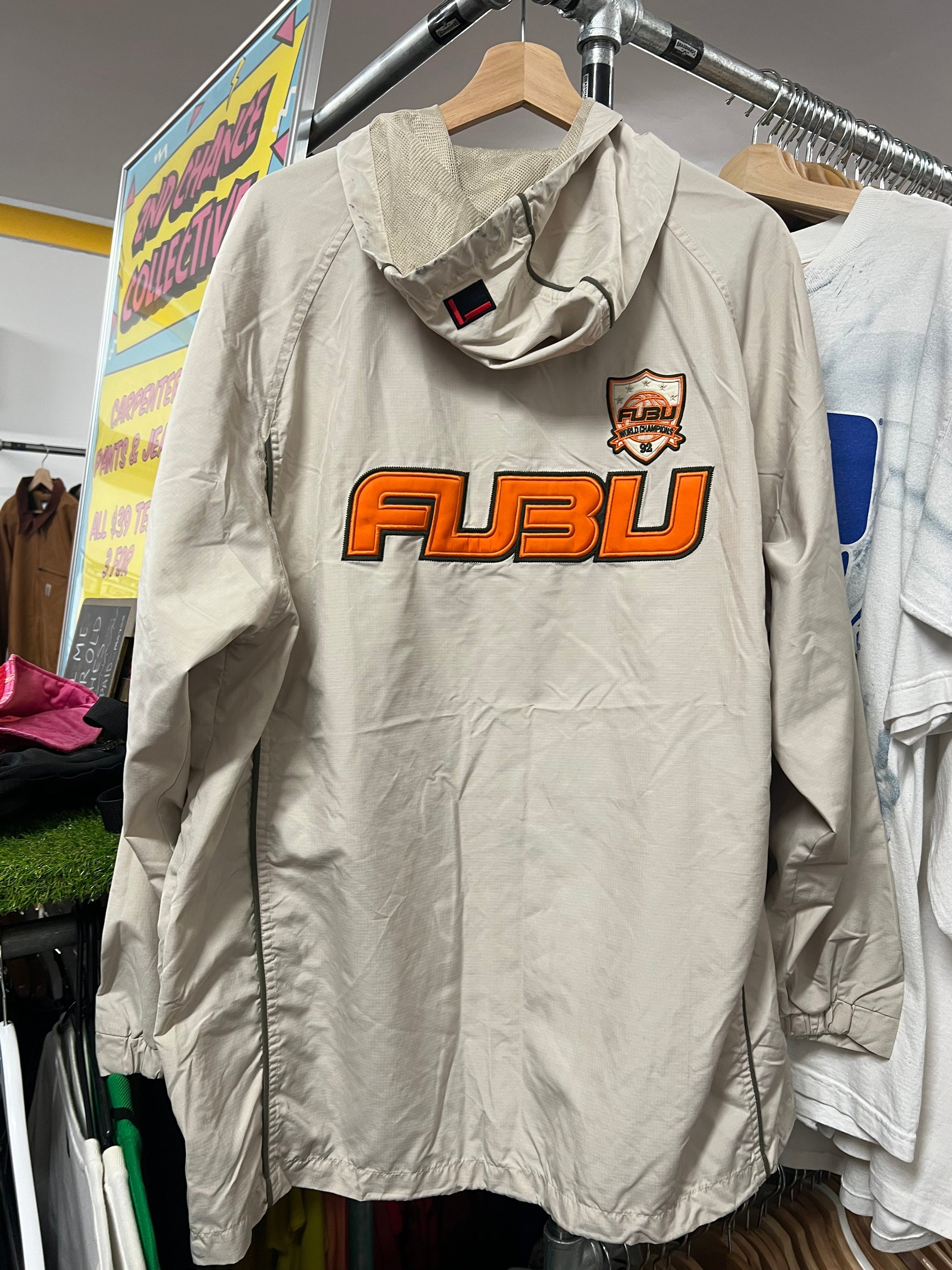 XL - 2000s FUBU Hooded Cream Zip Up Orange Spellout
