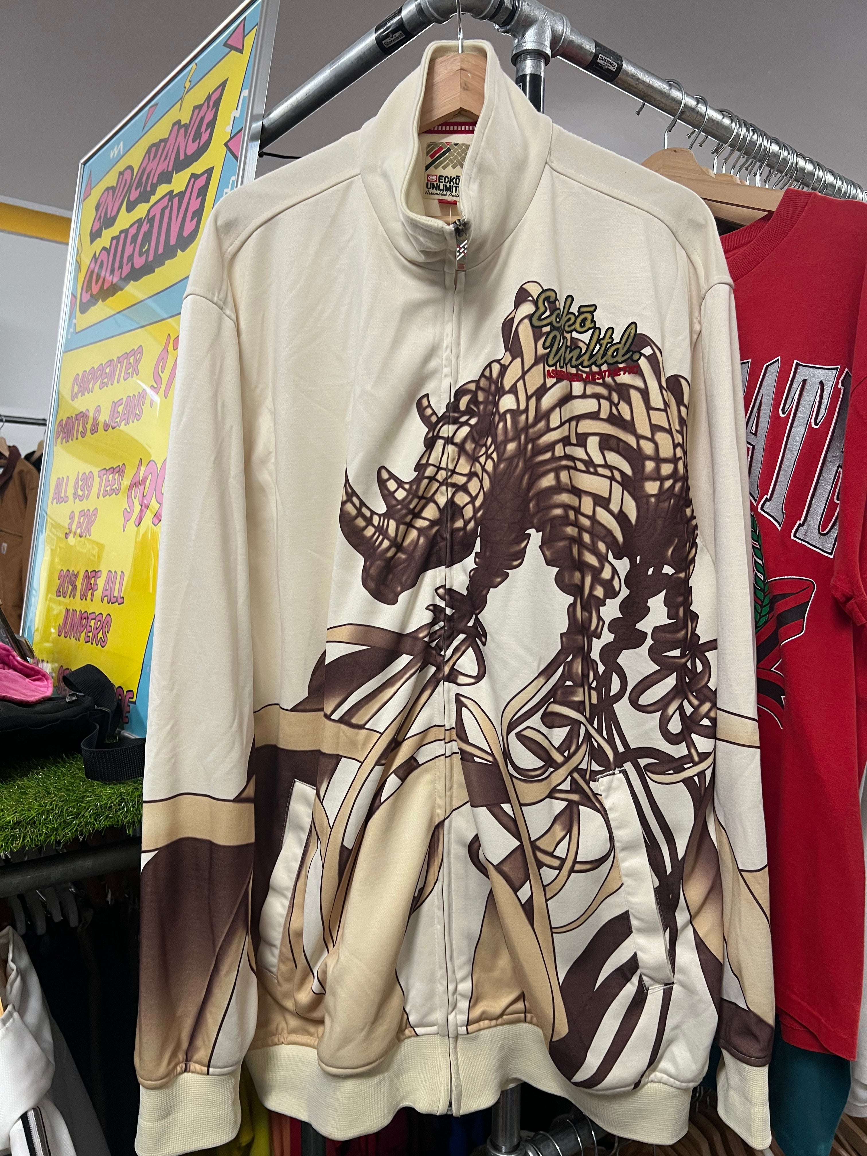 XL - 2000s Ecko UNLTD Unravelling Rhino Beige All Over Print Zip