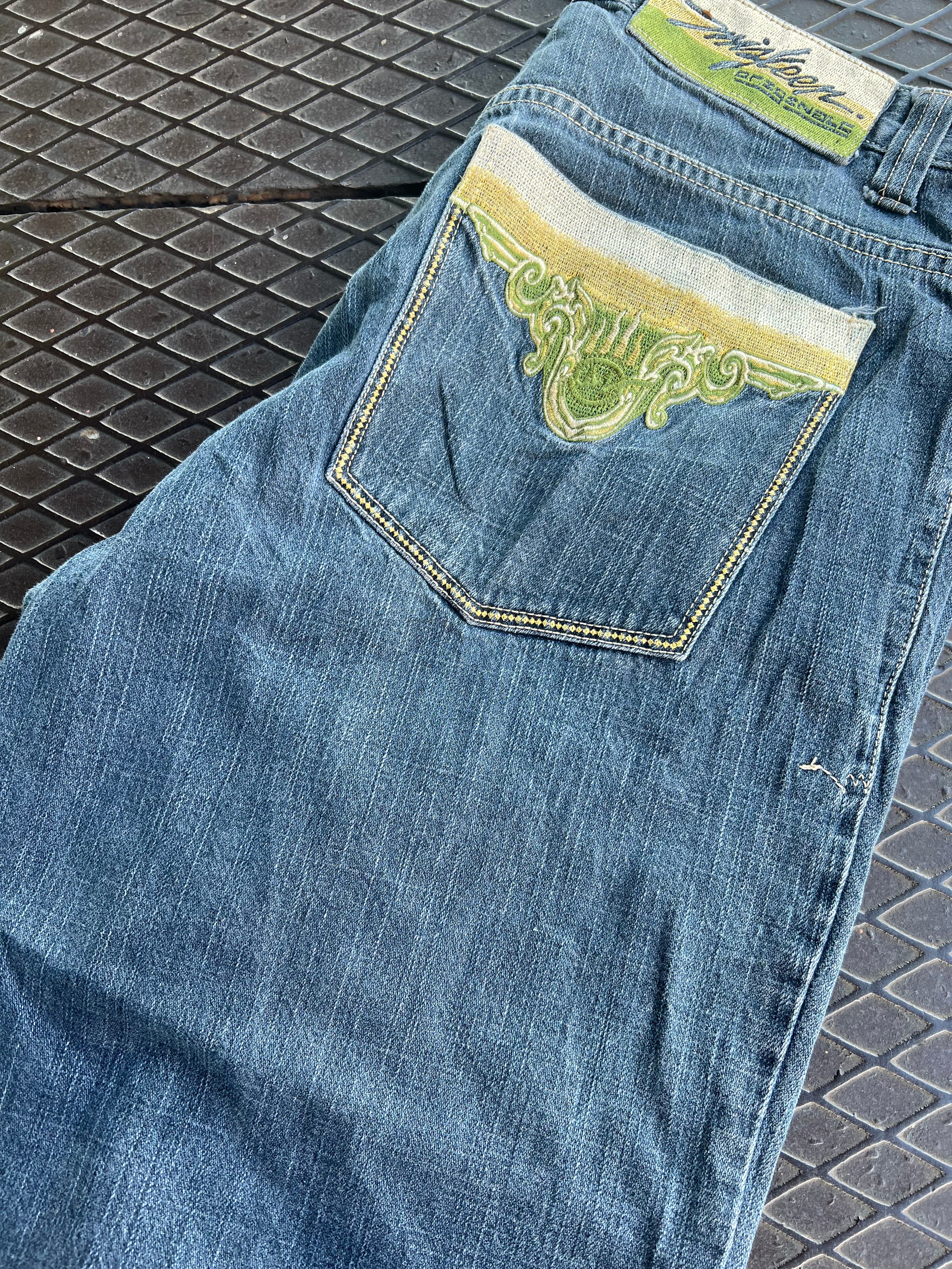36 - Miskeen Green and Gold Embroidered Denim Shorts