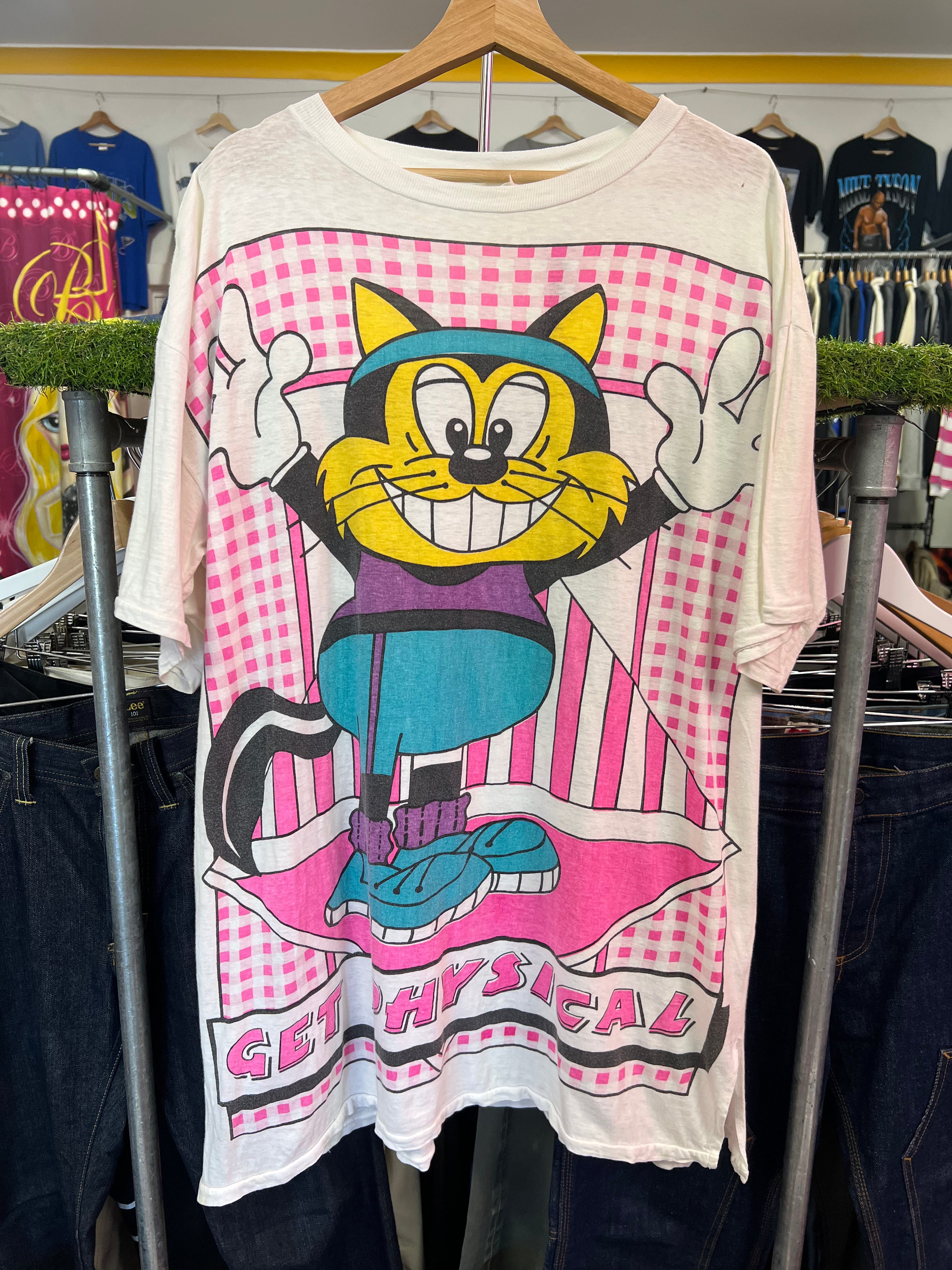 XL - 1980s Get Physical Fitness Cat Tshirt