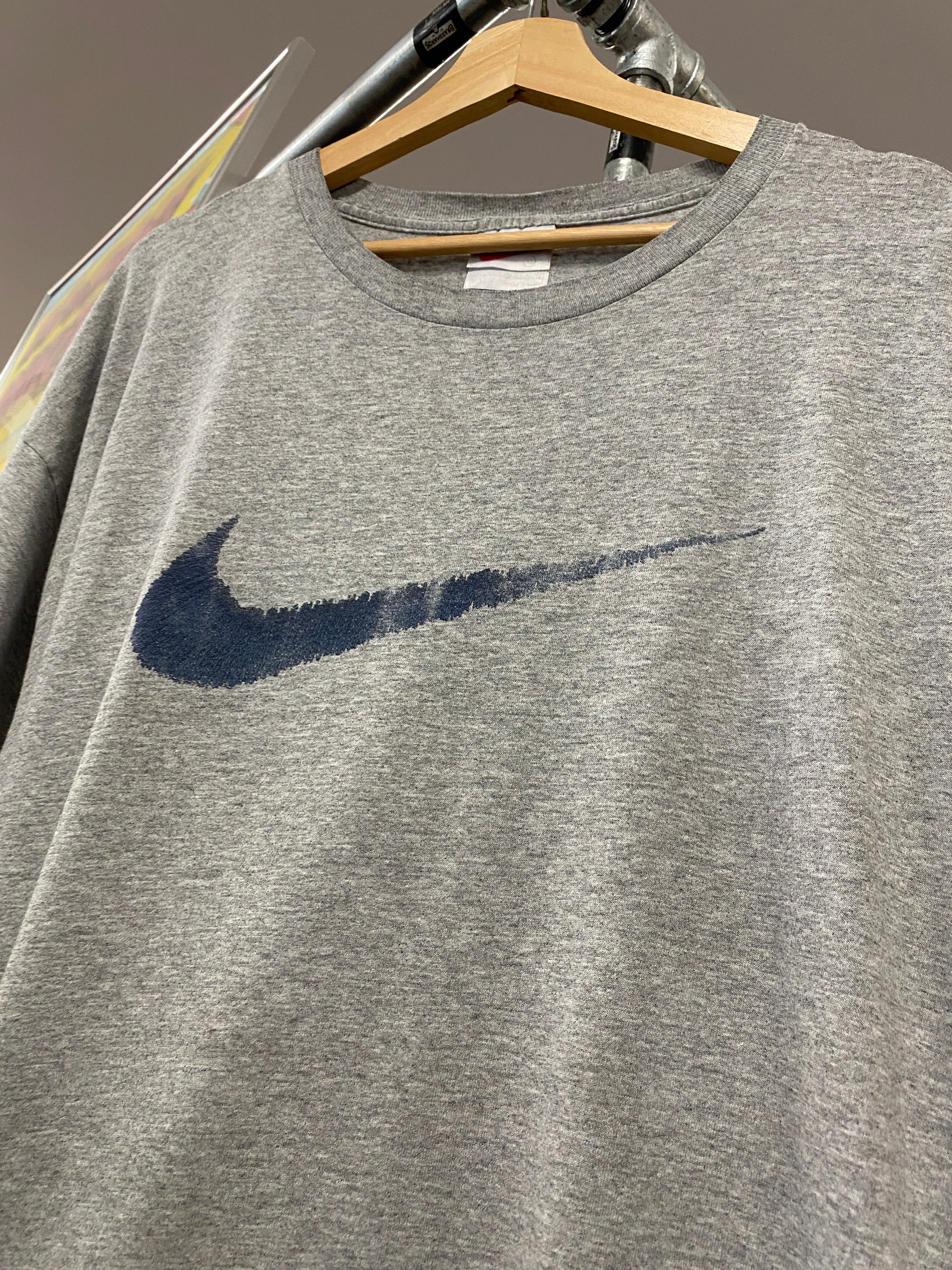 XL - 2000s Nike Dark Blue Stitch Style Big Centre Tick Grey Tee