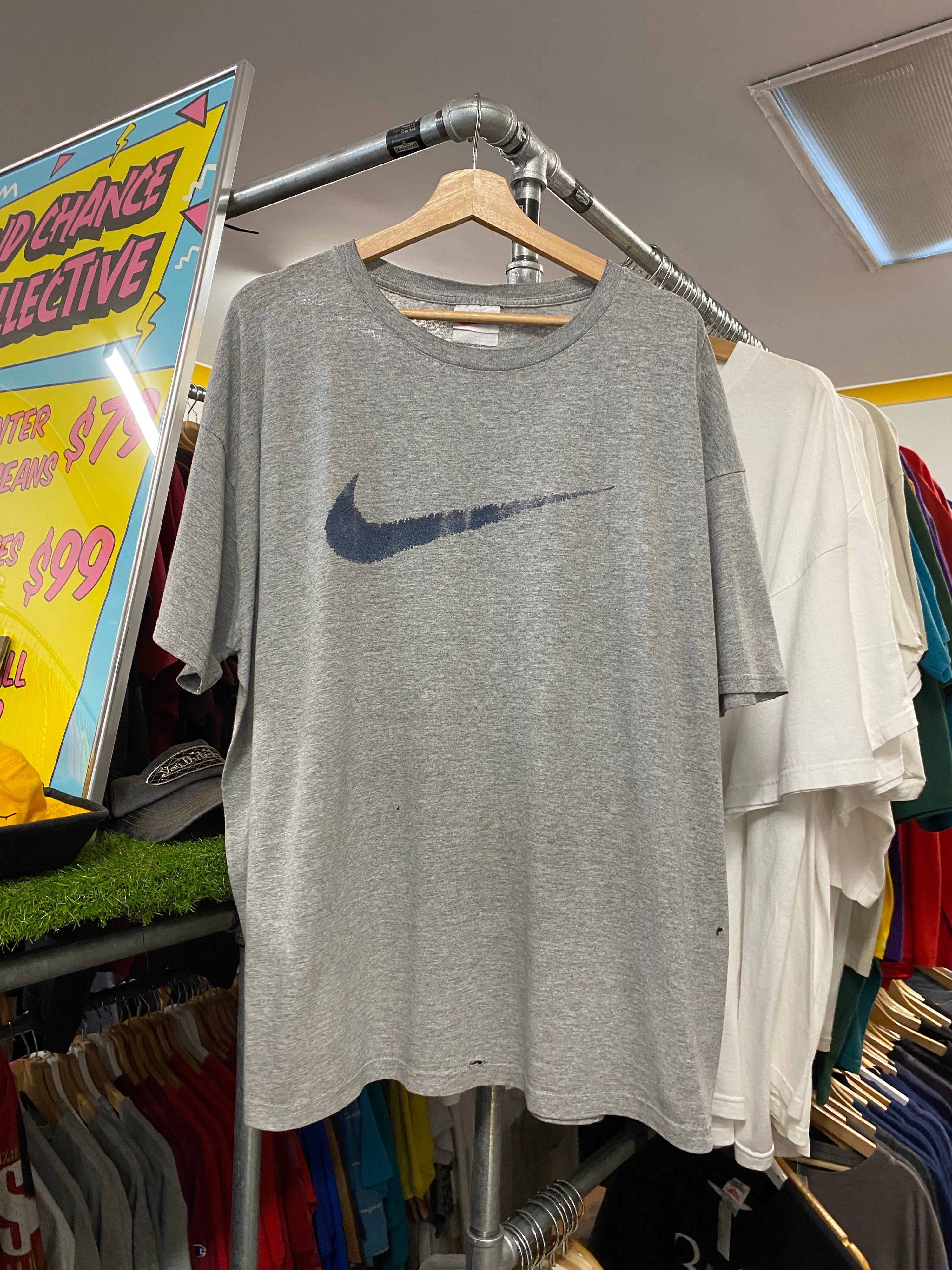 XL - 2000s Nike Dark Blue Stitch Style Big Centre Tick Grey Tee