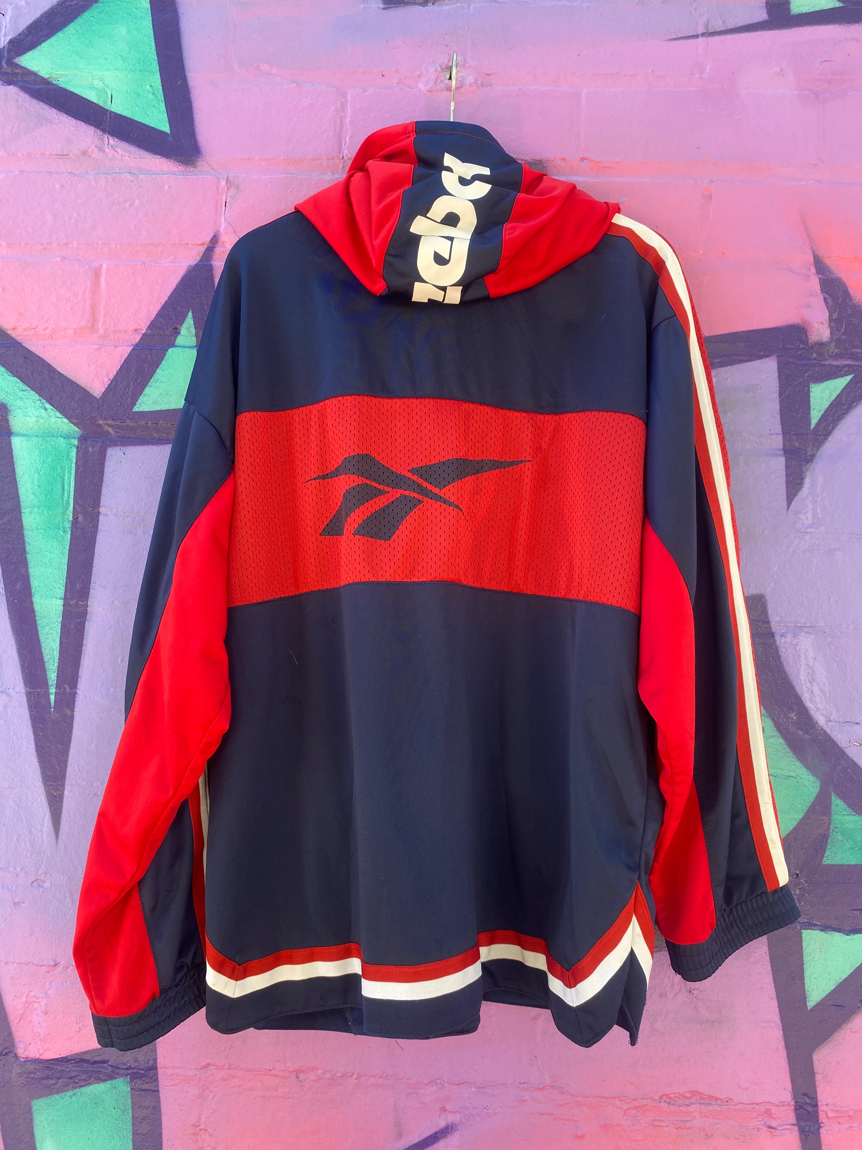 L - 90s Reebok Hooded Zip Up Blue/Red