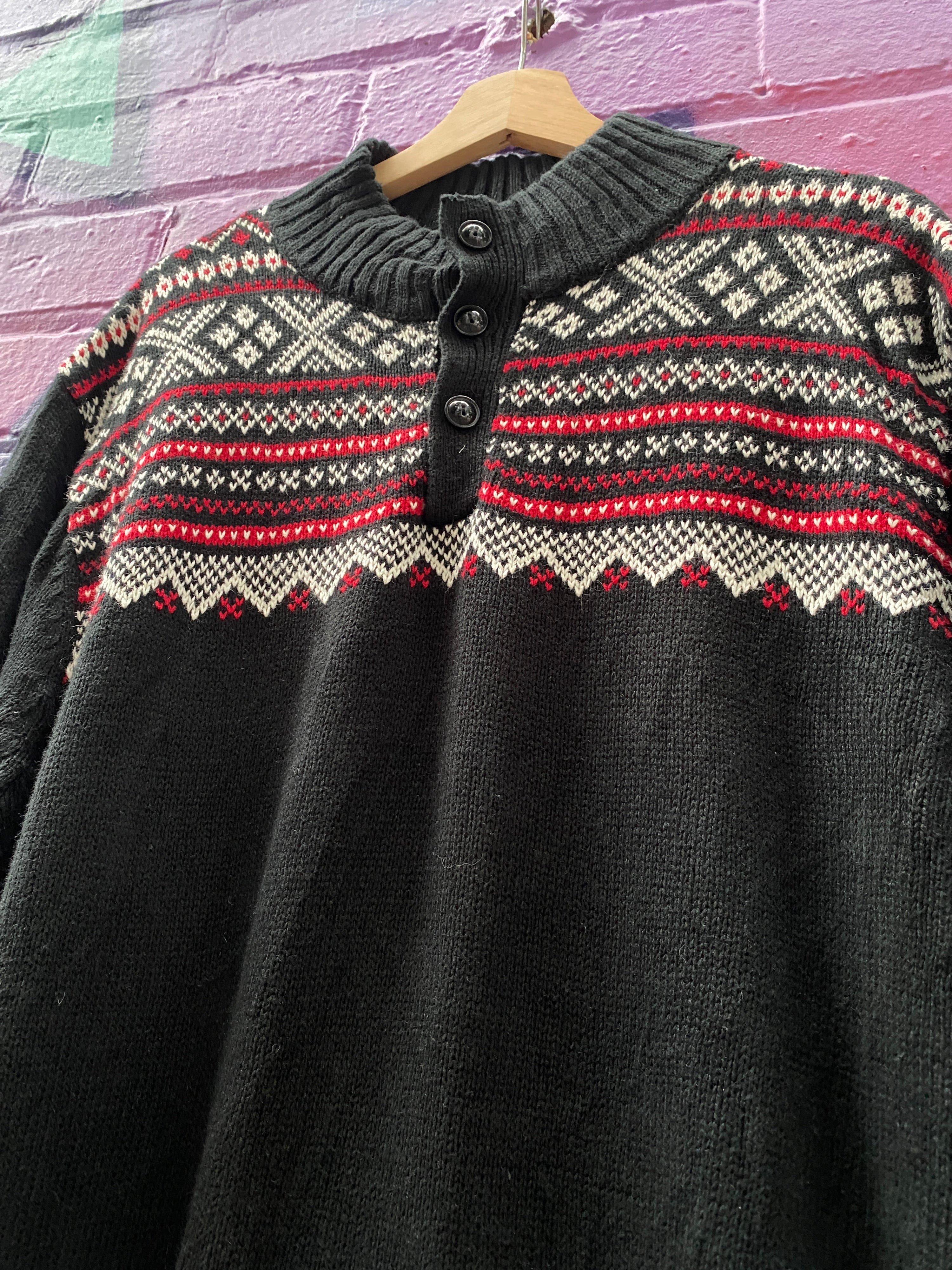 XL - Chaps Black/Red Button Collar Knit Sweater