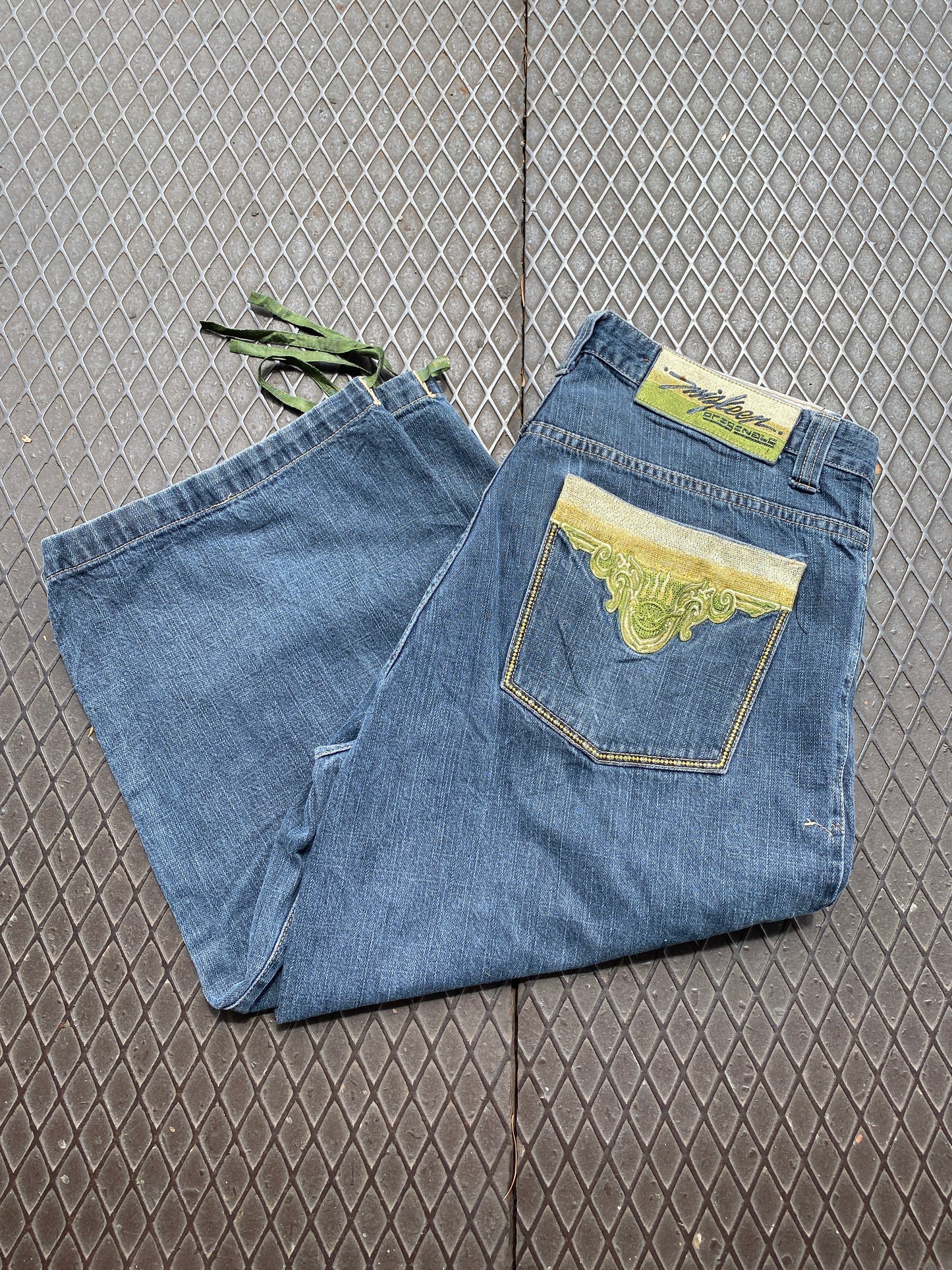 36 - Miskeen Green and Gold Embroidered Denim Shorts