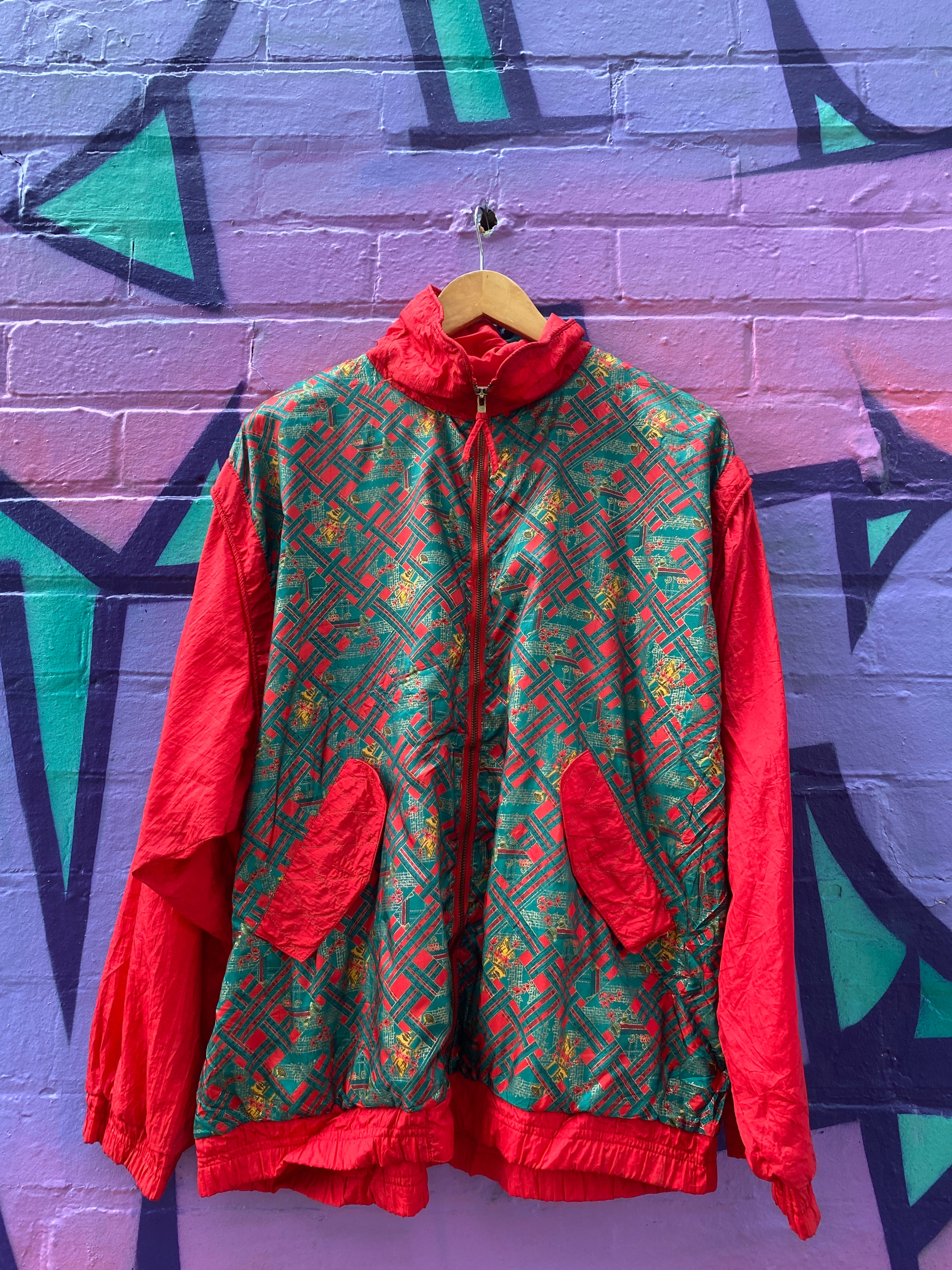 L - Red and Green Plaid Pattern 90s Style Windbreaker