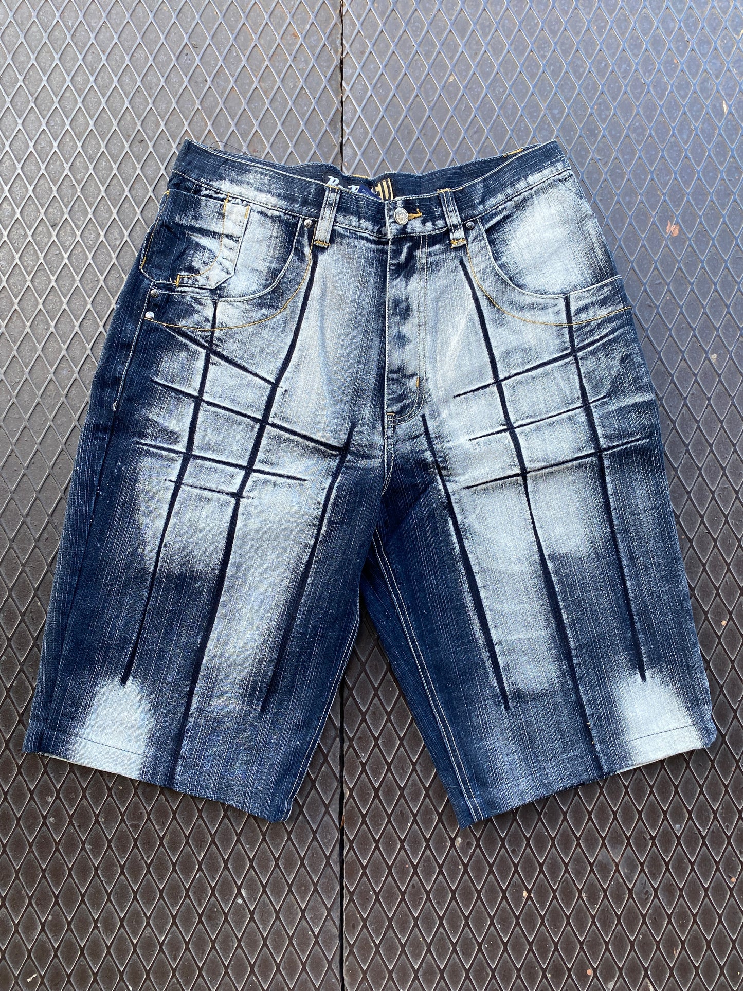34 - Raw Blue Dark Denim Shorts with White Hatched Patterning