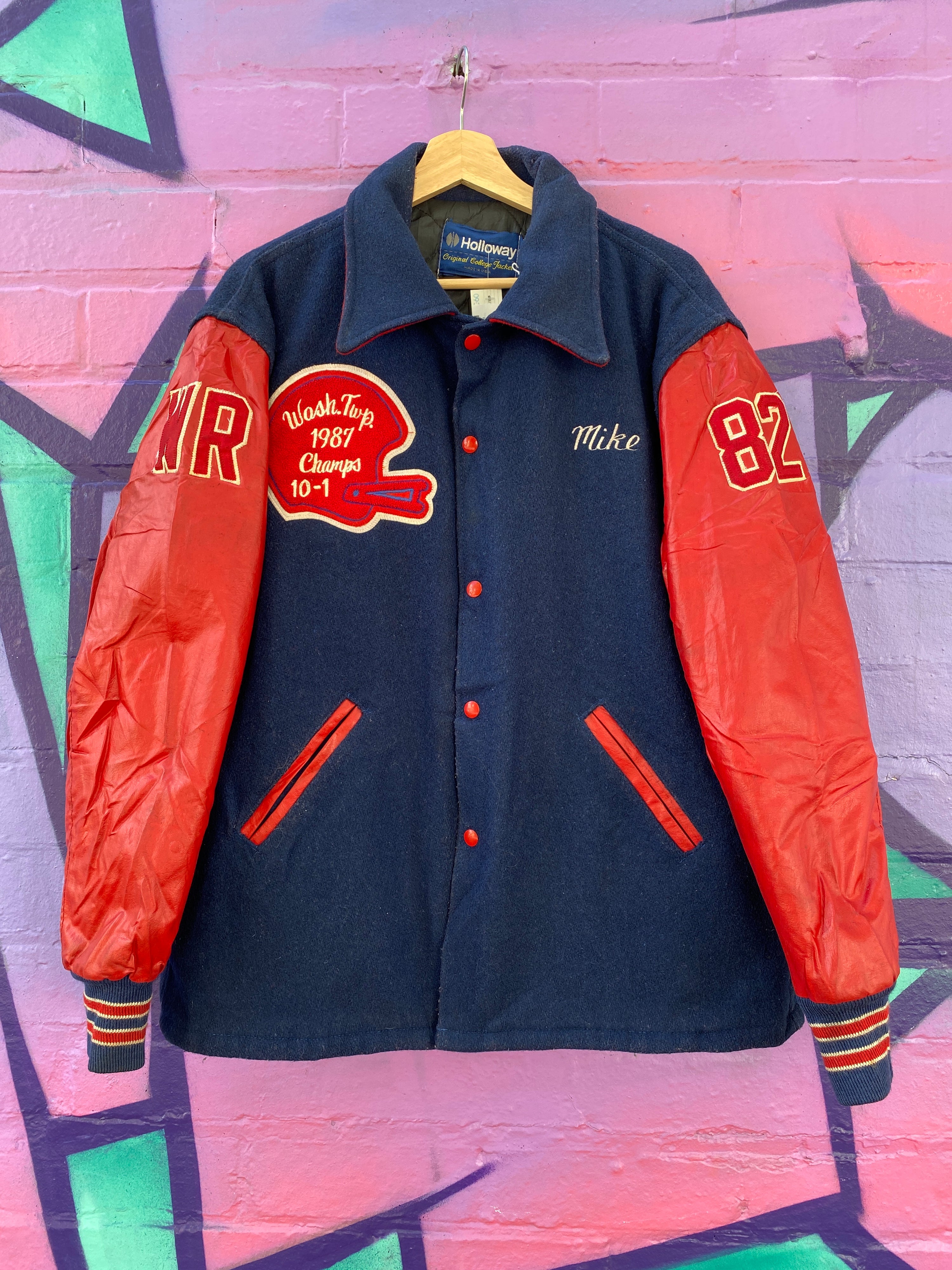 L - Vintage 1987 Champs Minutemen Football Varsity Jacket Red/Blue