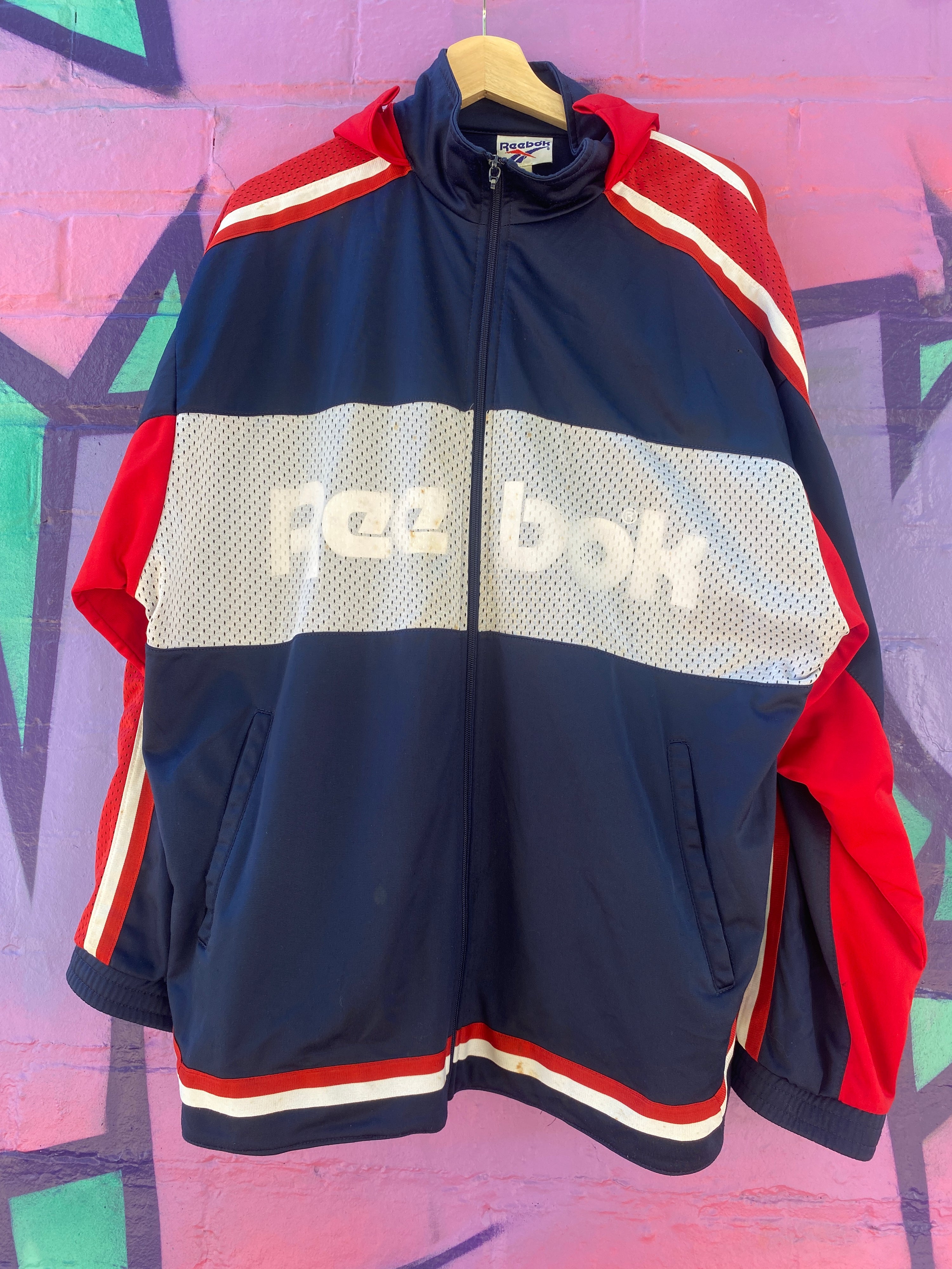 L - 90s Reebok Hooded Zip Up Blue/Red