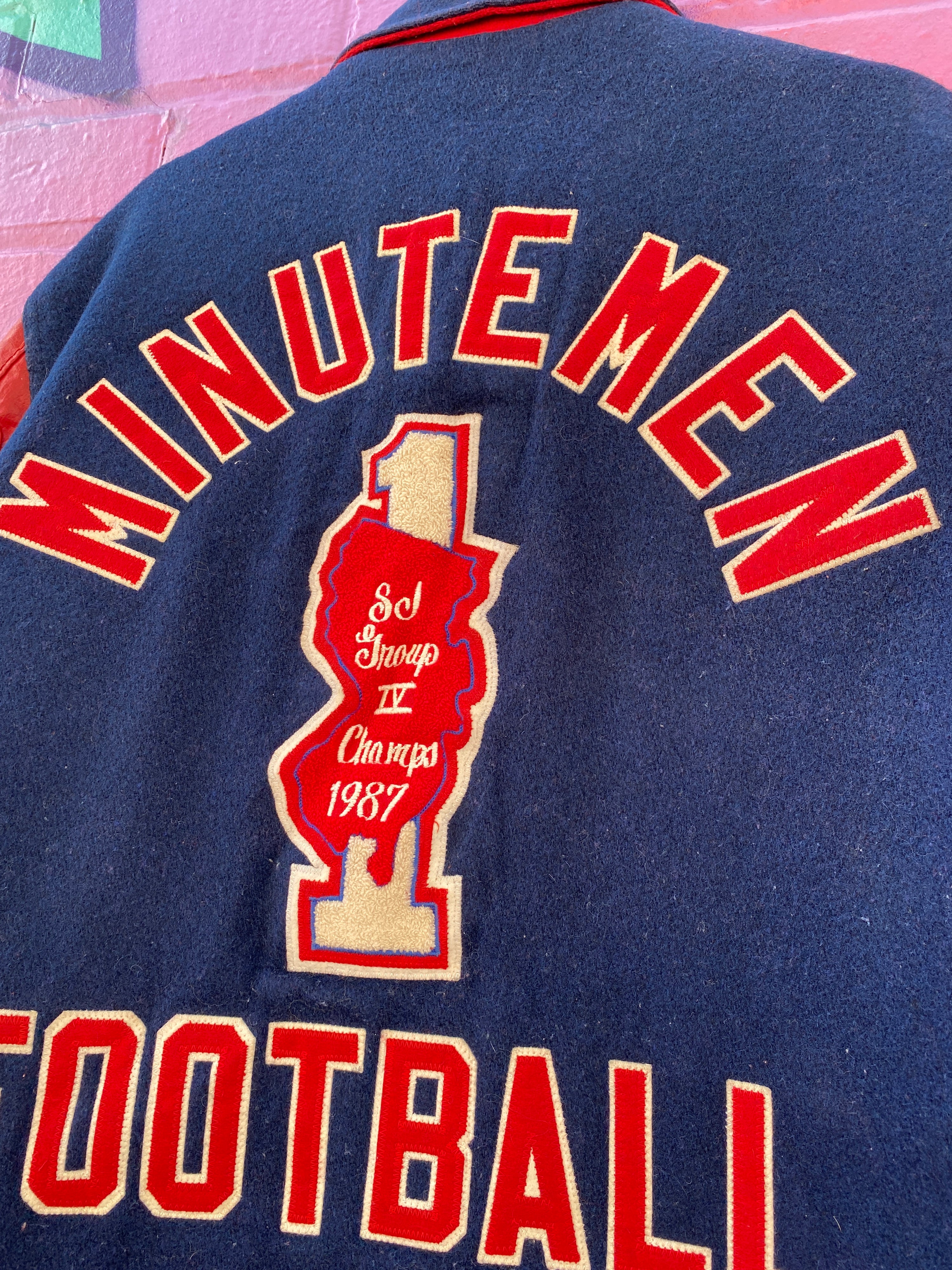 L - Vintage 1987 Champs Minutemen Football Varsity Jacket Red/Blue