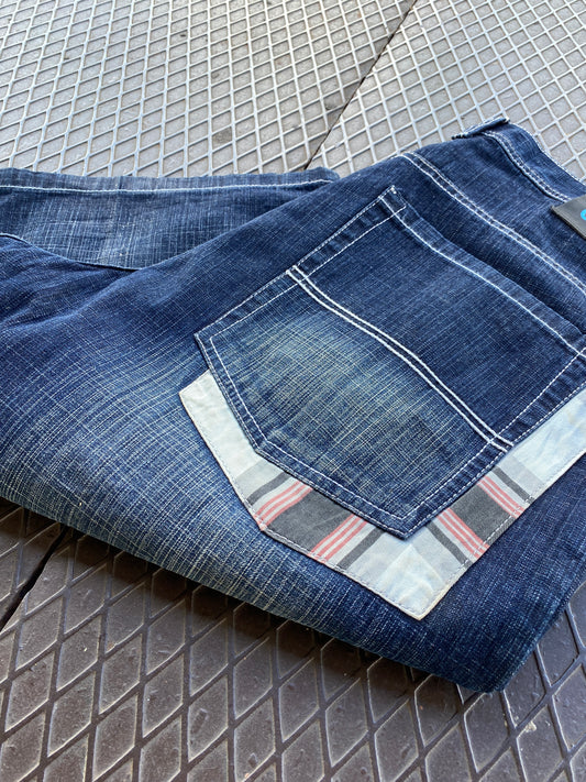 40 - WCKD Denim Dark Blue Shorts Plaid Accented Pockets